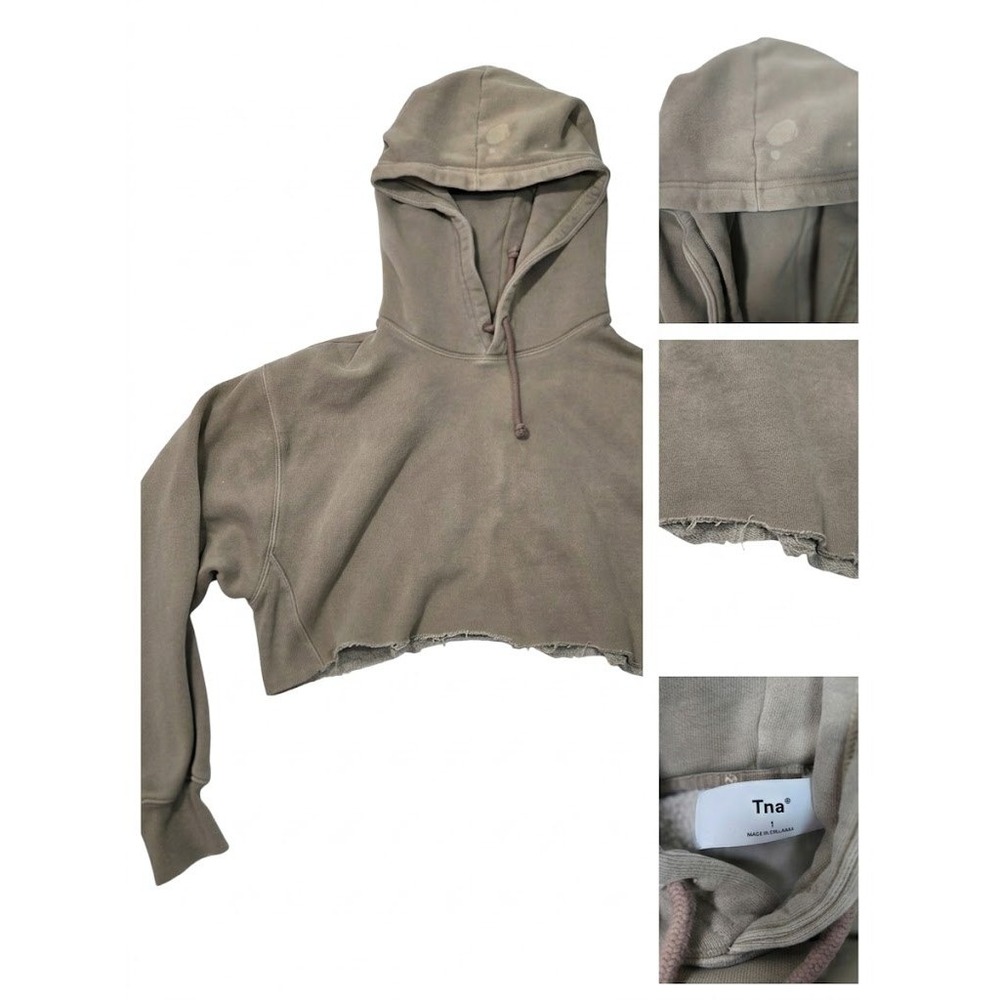 Tna Aritzia Cropped Hoodie Women 1 Tan Brown Good Grungy Bleach Spots Raw Hem